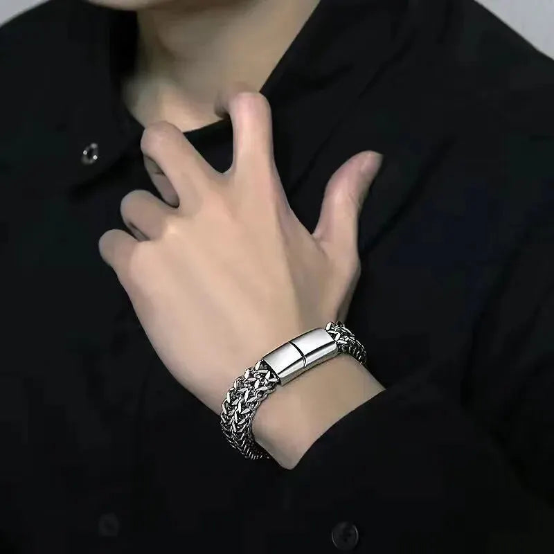 Pulsera Magnética Trenzada Doble Fila de Acero Inoxidable con Cierre Magnético