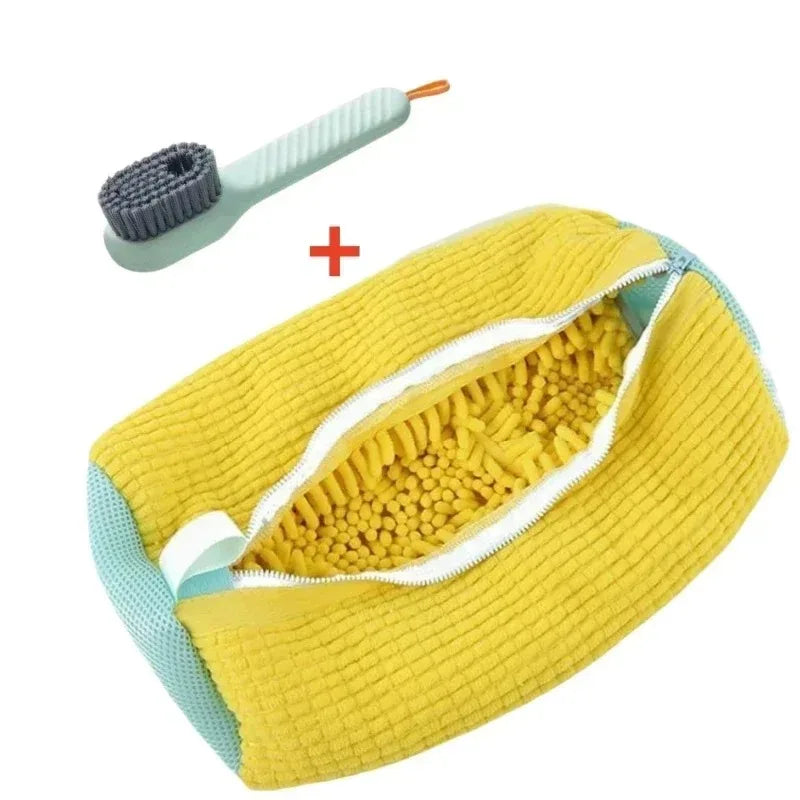 Fluffy Fiber Shoe Washing Bag 360° Surround Cleaning Reusable Durable Machine-Washable Laundry Bag with Zipper Closure (1pc)