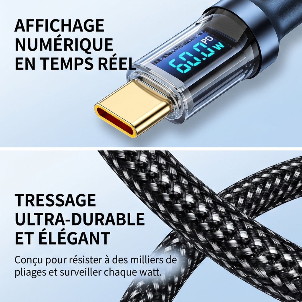 HOMEFISH 60W USB-C Super Fast Charging Cable with Digital Display, Braided Anti-Fracture Wire, Maximum Compatible with 120W