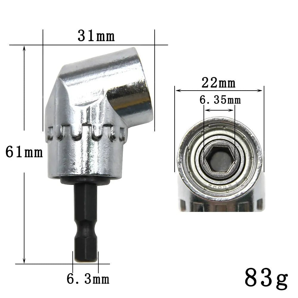 Adaptador de taladro en ángulo recto de metal plateado de Variedad Online para espacios reducidos.