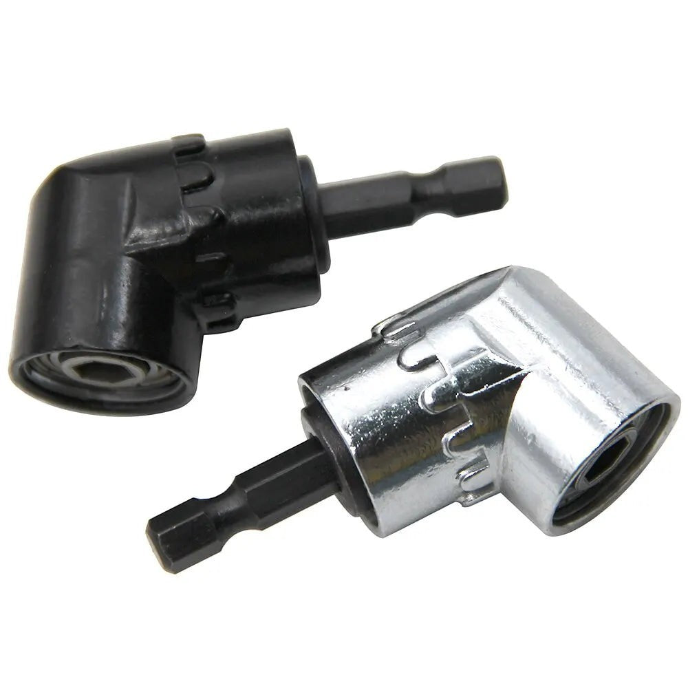 Adaptador de taladro en ángulo recto de metal negro y cromado de Variedad Online para espacios reducidos.
