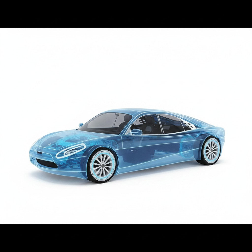 Adaptador inalámbrico Variedad Online para CarPlay y Android Auto, diseño de coche azul translúcido con detalles internos visibles.