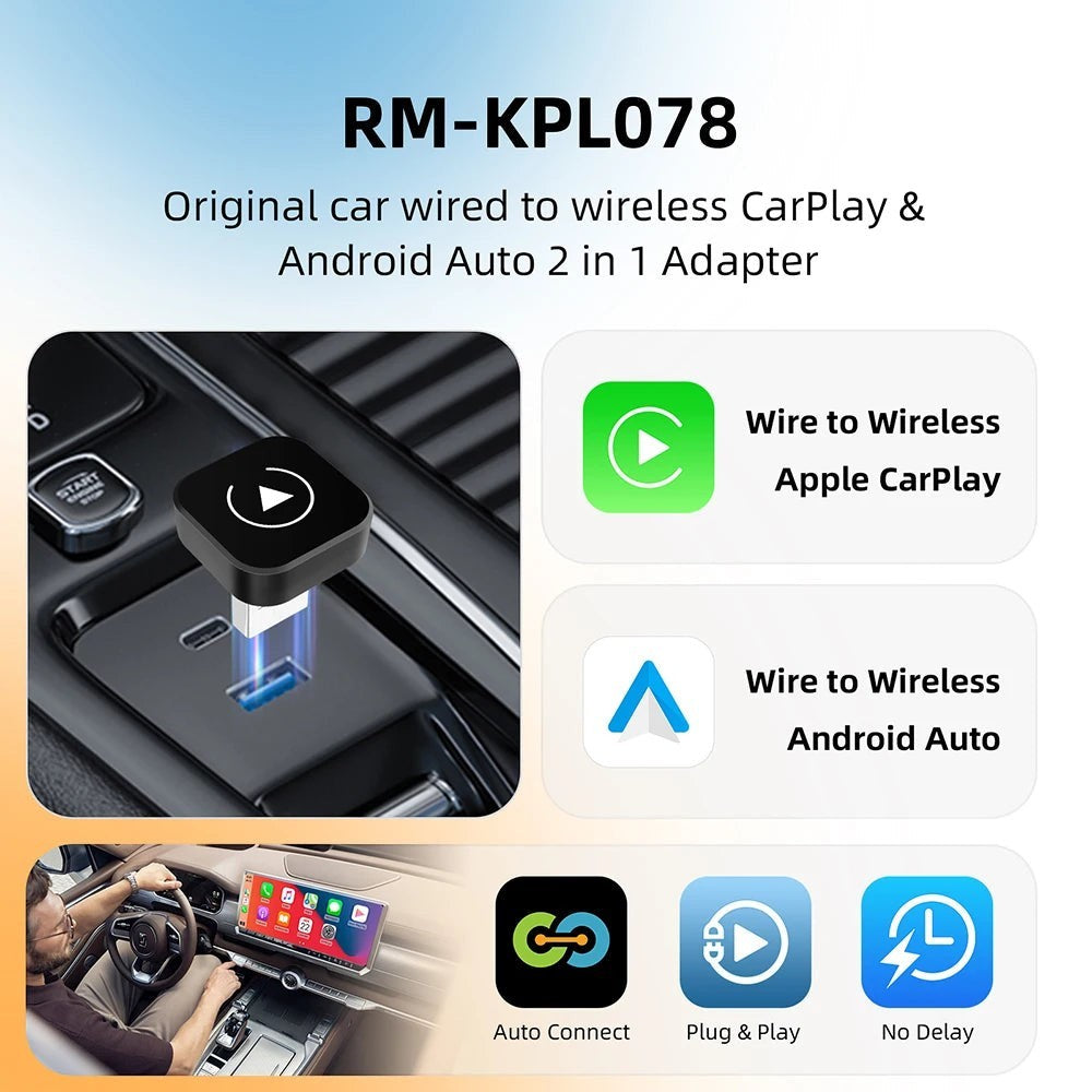 Adaptador inalámbrico 2 en 1 de Variedad Online para CarPlay y Android Auto, con conexión automática y sin cables.