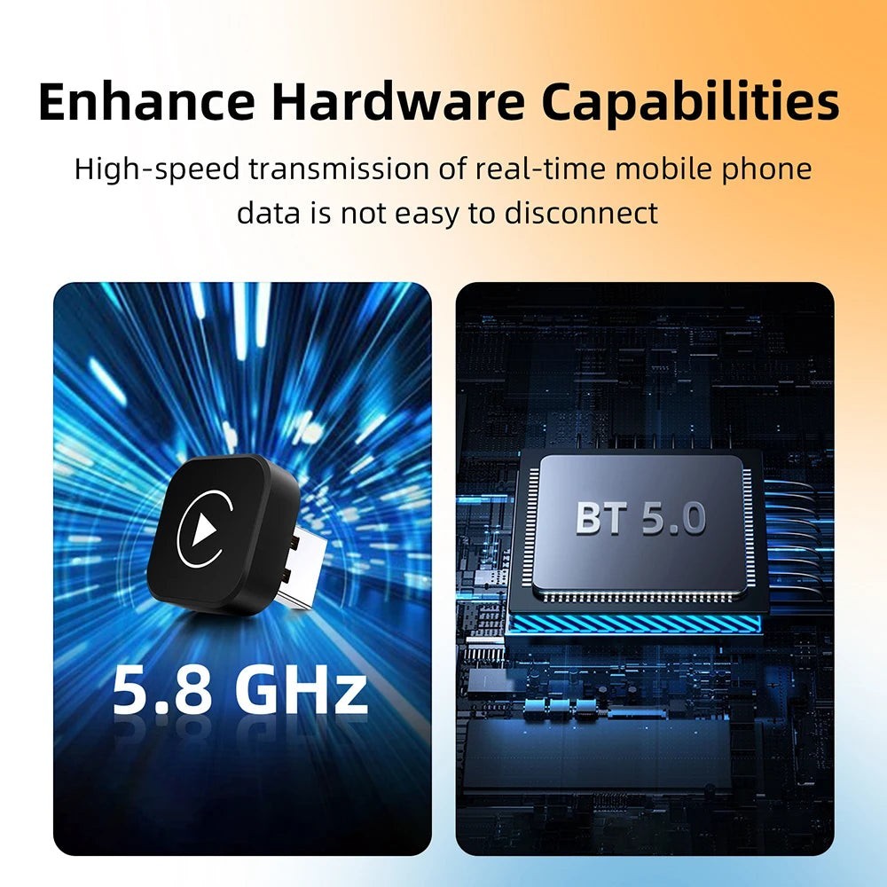Adaptador inalámbrico Variedad Online para CarPlay y Android Auto con Bluetooth 5.0 y 5.8 GHz.
