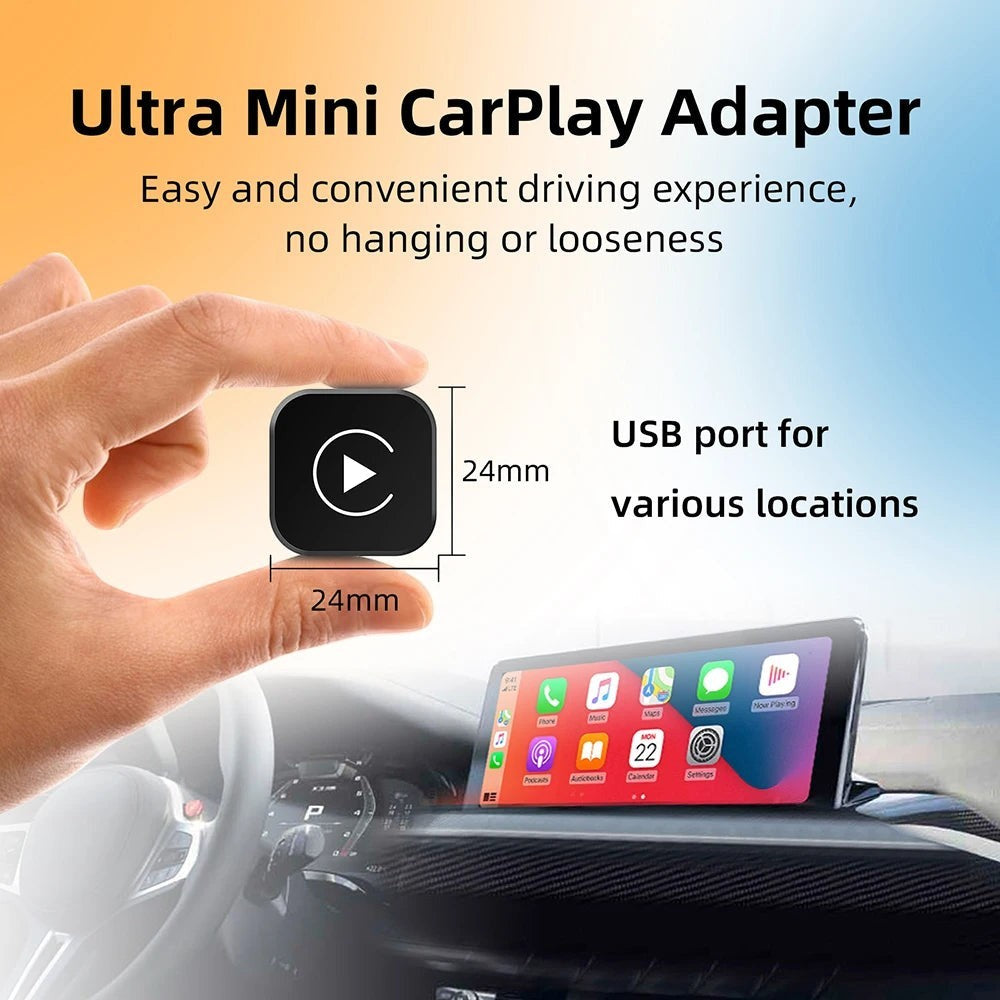 Adaptador inalámbrico Variedad Online para CarPlay y Android Auto, ultra mini, 24x24mm, con puerto USB para coche.