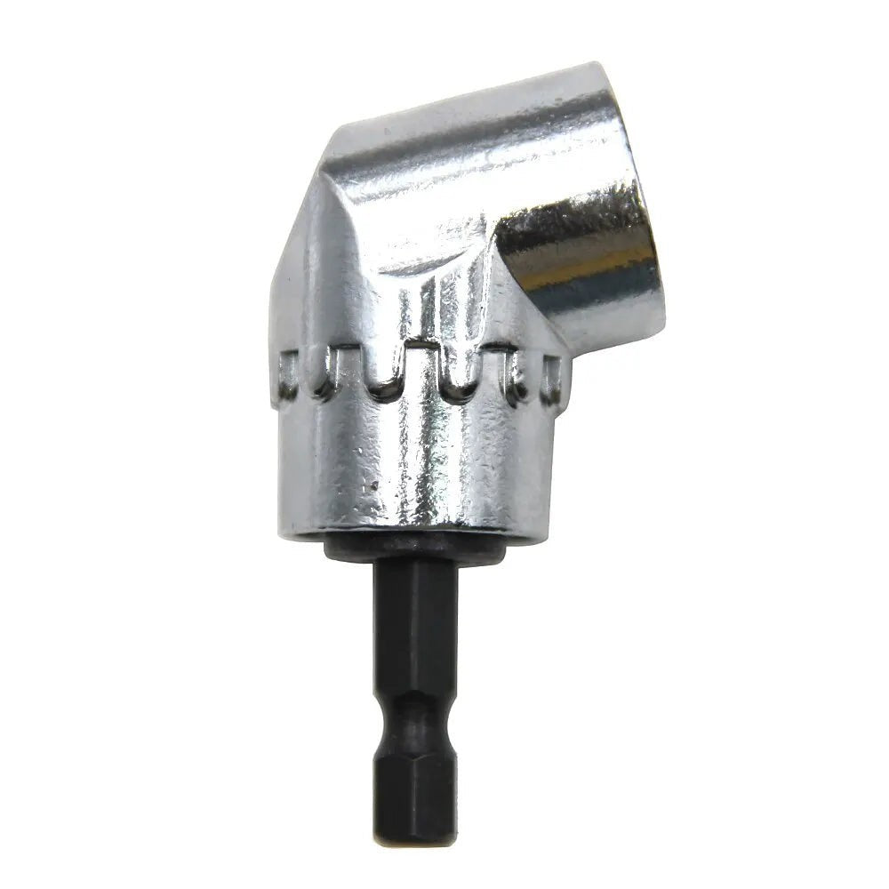 Adaptador de taladro en ángulo recto de metal plateado de Variedad Online para espacios reducidos.