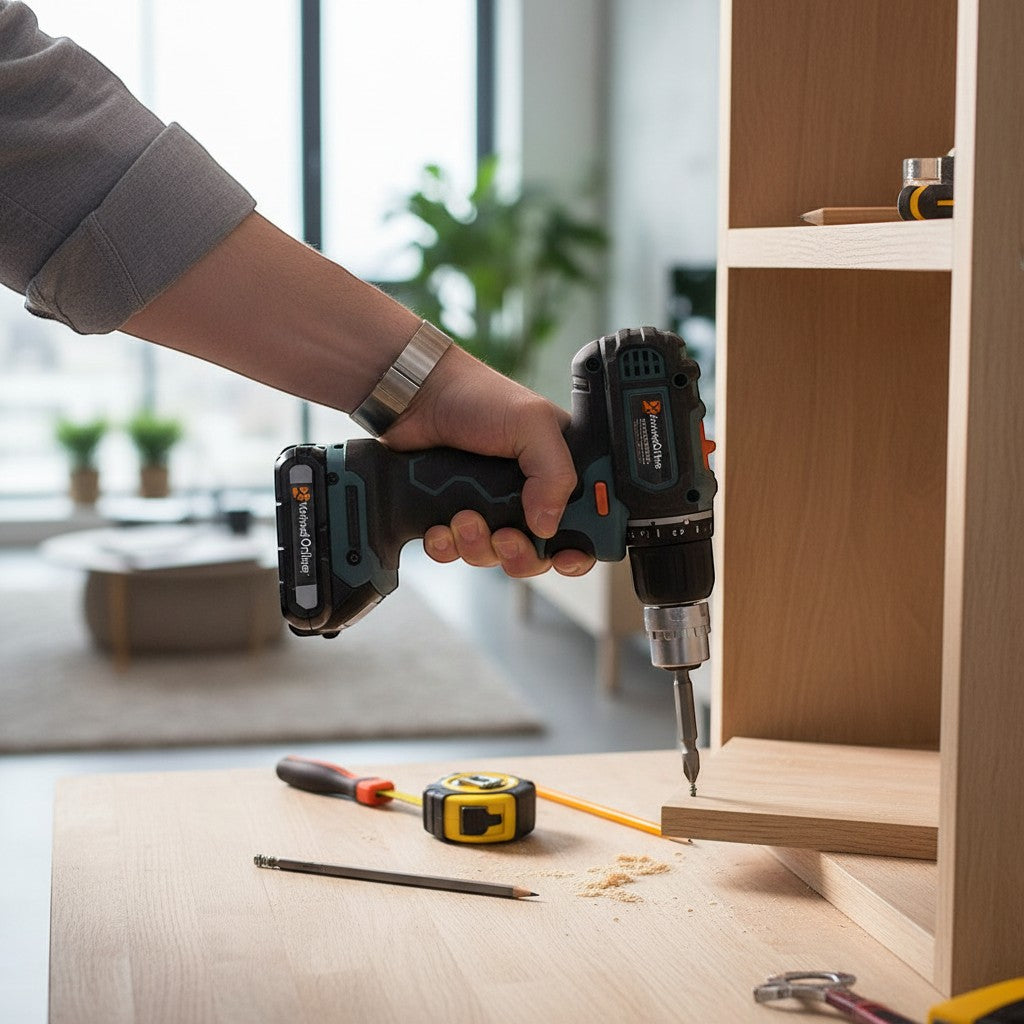 Adaptador de taladro en ángulo recto de metal de Variedad Online, ideal para espacios reducidos y trabajos de bricolaje.