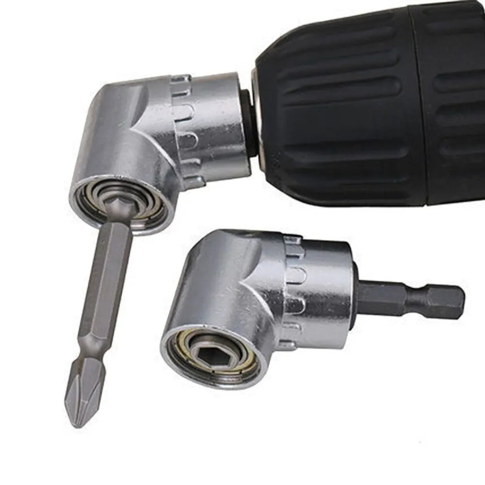 Adaptador de taladro en ángulo recto de metal plateado de Variedad Online para espacios reducidos.