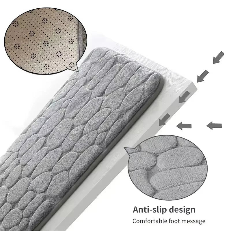 Alfombrilla de baño gris de Variedad Online con diseño de guijarros, textura suave y base antideslizante.