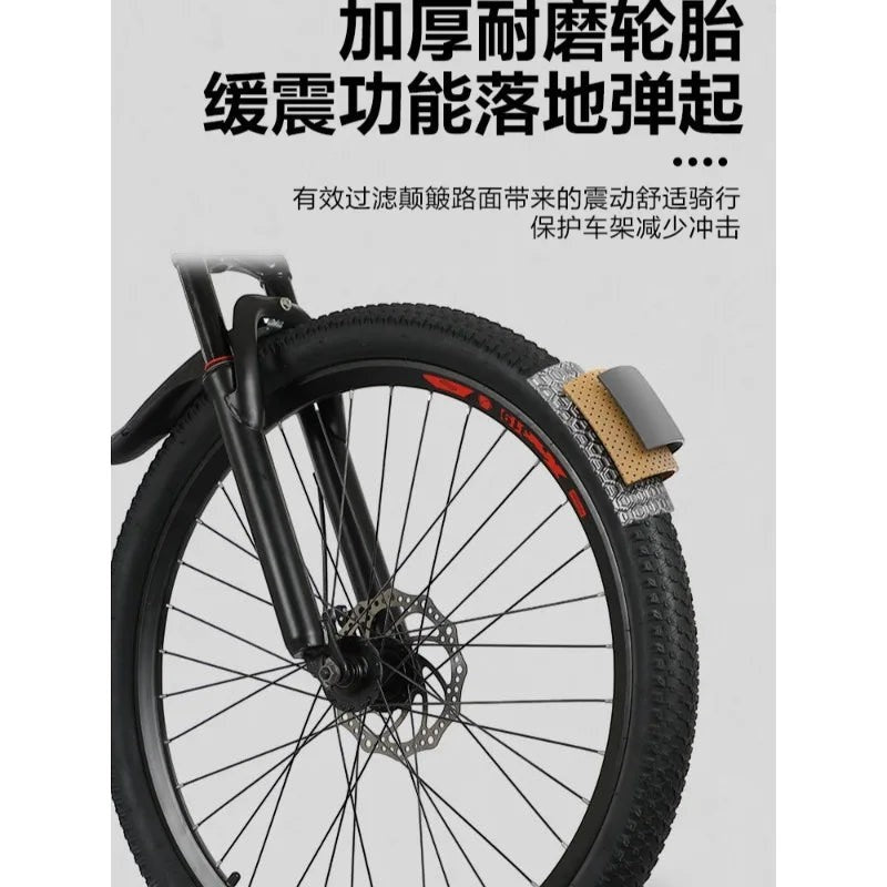 Bicicleta de montaña Variedad Online negra con detalles rojos, cuadro de acero, frenos de disco y suspensión delantera.