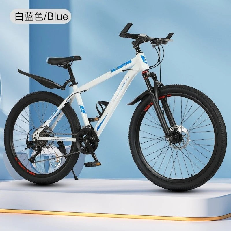 Bicicleta de montaña blanca y azul de Variedad Online con frenos de disco, cuadro de acero y suspensión delantera.