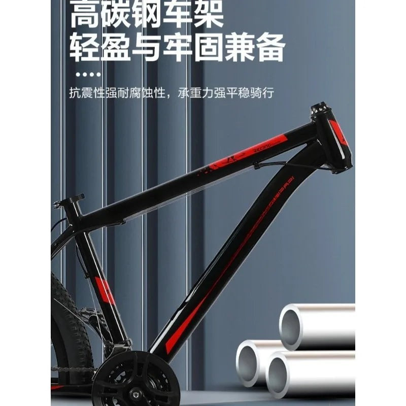 Bicicleta de montaña Variedad Online negra con detalles rojos, cuadro de acero, frenos de disco y suspensión delantera.
