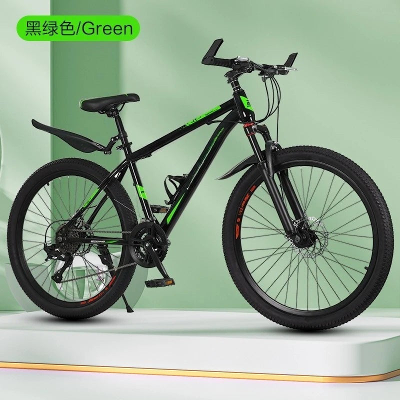 Bicicleta de montaña negra con detalles verdes de Variedad Online, cuadro de acero, frenos de disco y suspensión delantera.