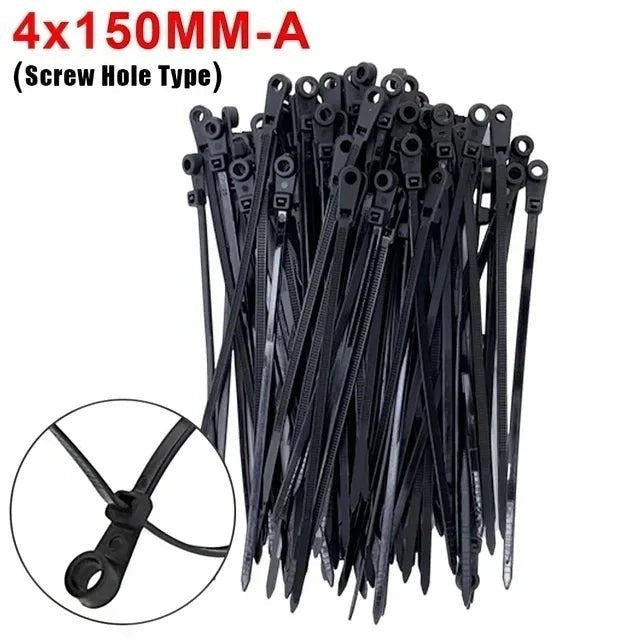 Bridas de nailon negras reutilizables de Variedad Online con orificio para tornillo, ideales para organizar cables.