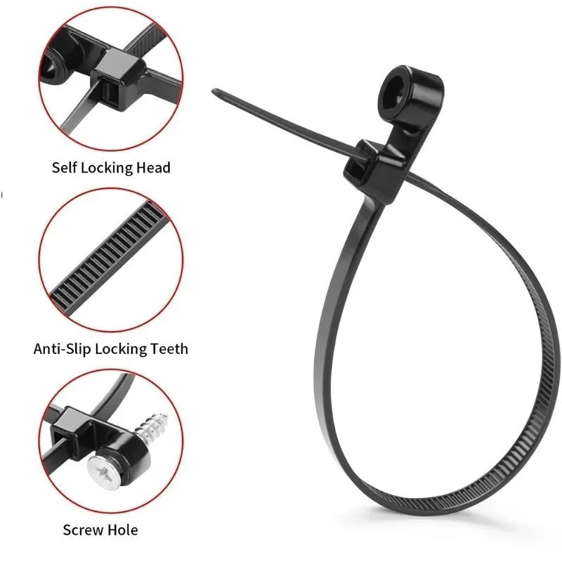 Bridas de nailon negras reutilizables de Variedad Online con orificio para tornillo y dientes autoblocantes. Ideal para organizar cables.