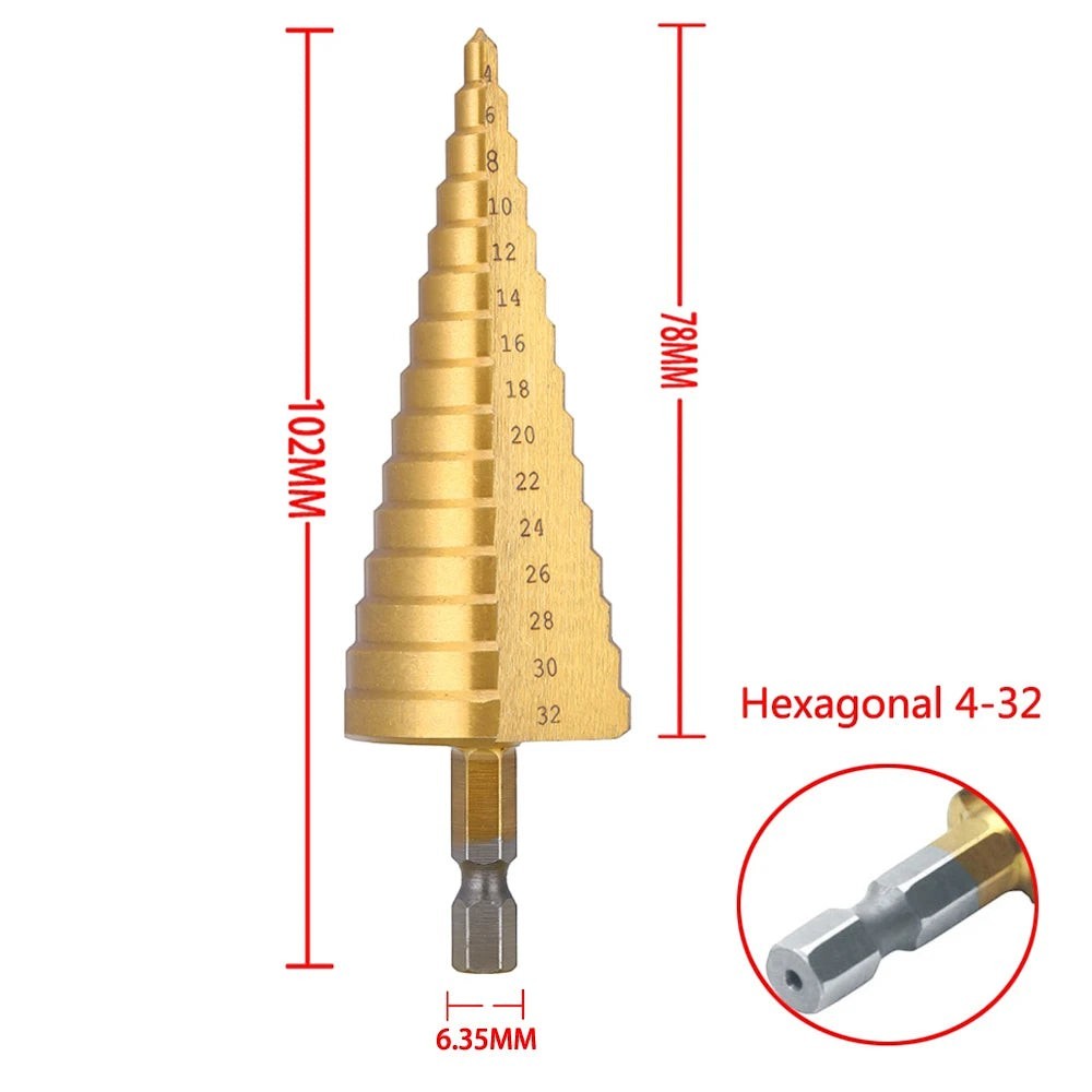Broca escalonada hexagonal de acero HSS para metal de 4-32mm, 102mm de largo, con vástago de 6.35mm.