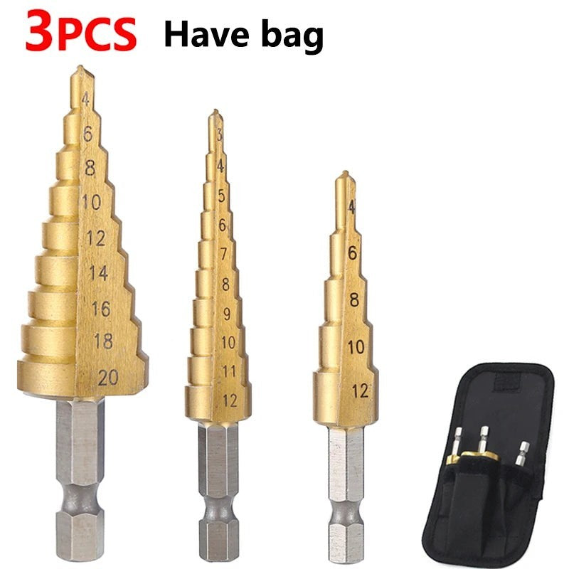 Variedad Online broca escalonada hexagonal para metal, acero de alta velocidad, 3 piezas con bolsa de almacenamiento.