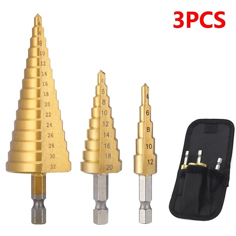 Variedad Online Broca escalonada hexagonal dorada para metal, 3 piezas, para taladro, diámetros 4-32mm