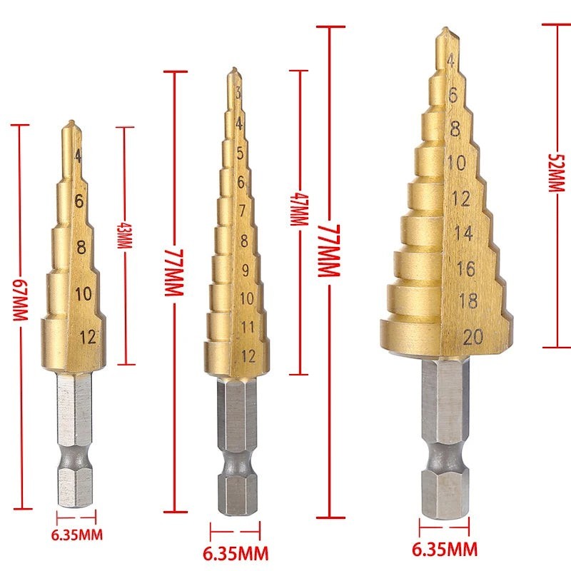 Variedad Online broca escalonada hexagonal de acero HSS para metal, aluminio y plástico. Diámetros 4-32mm.