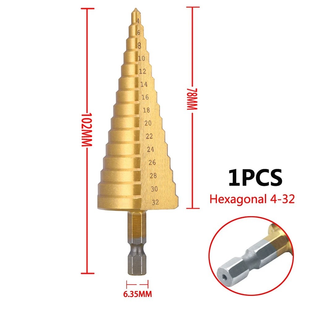 Broca escalonada hexagonal de metal de 4-32 mm de Variedad Online. Acero HSS con recubrimiento dorado para mayor durabilidad.