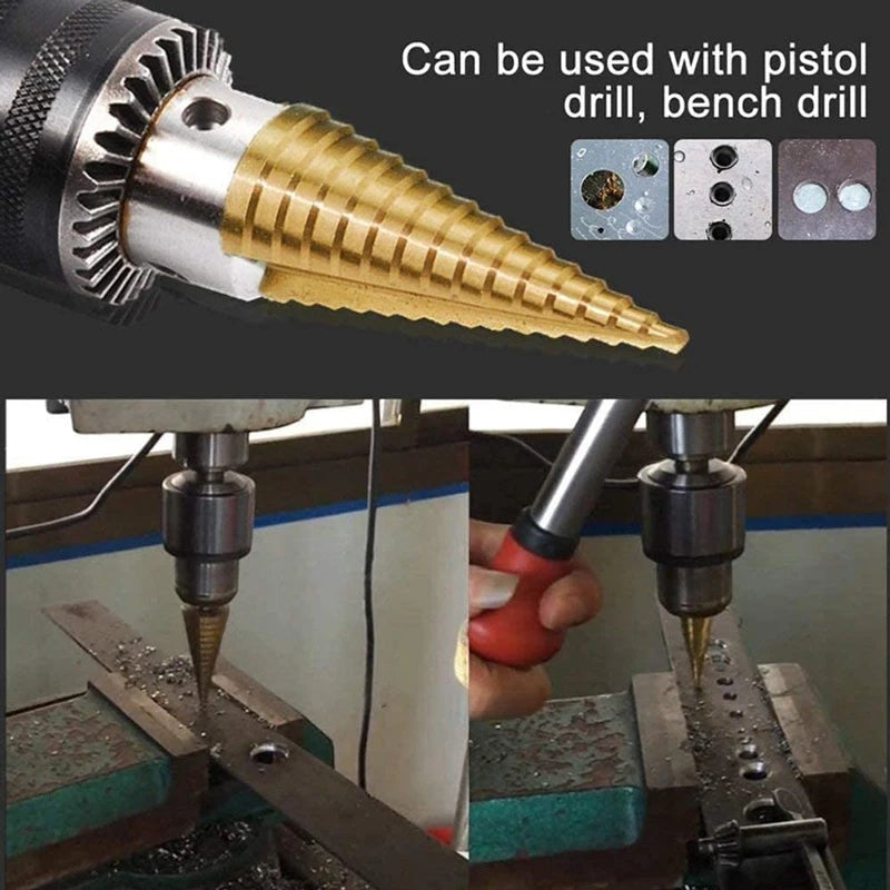 Broca escalonada hexagonal de acero dorado para metal, con vástago de 6.35 mm, para taladros de mano y de banco. Variedad Online.