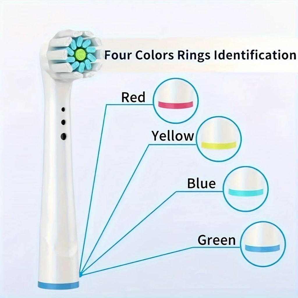 Cabezales de cepillo de dientes eléctricos de repuesto Variedad Online con anillos de identificación de cuatro colores: rojo, amarillo, azul y verde.