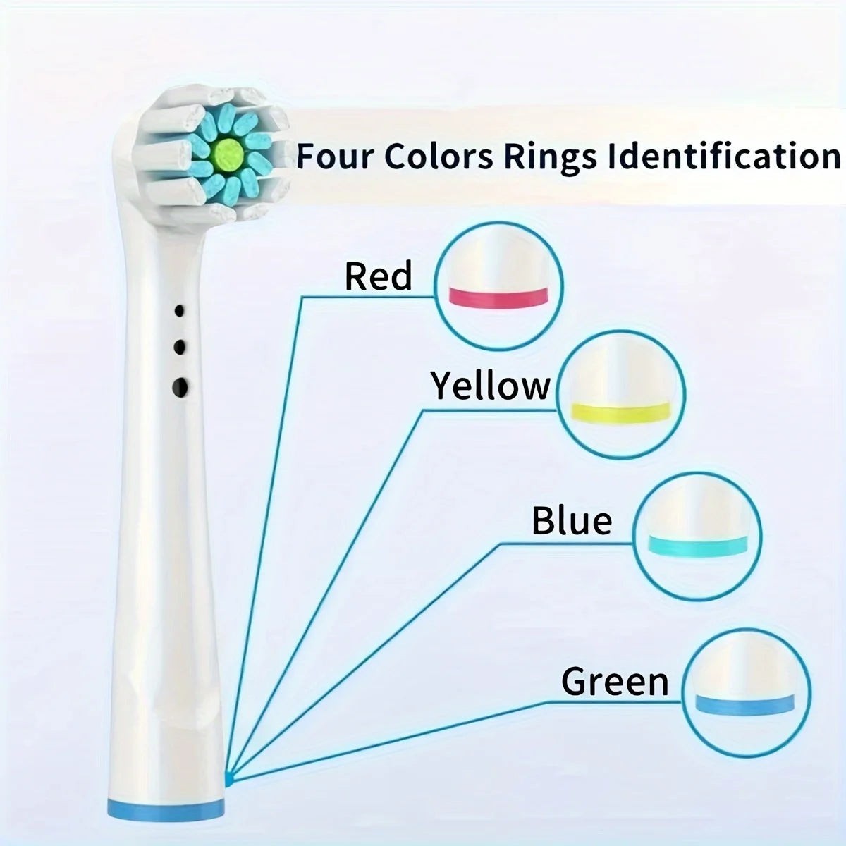 Cabezales de cepillo de dientes eléctricos de repuesto Variedad Online con anillos de identificación de cuatro colores: rojo, amarillo, azul y verde.
