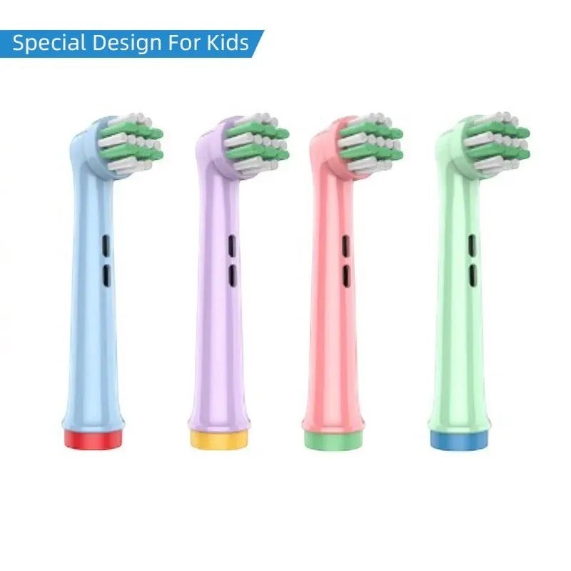 Variedad Online cabezales de repuesto para cepillo de dientes eléctrico en azul, lila, rosa y verde con cerdas blancas y verdes.