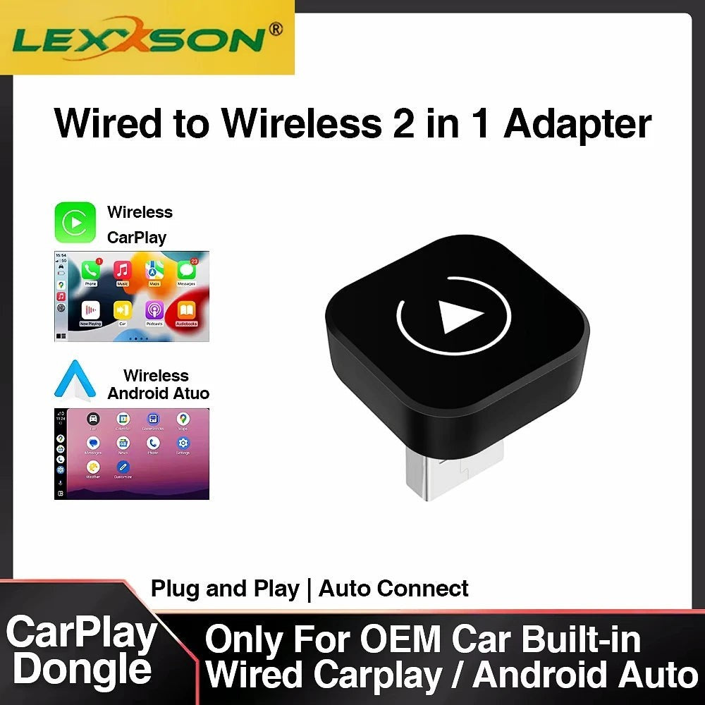 Adaptador inalámbrico 2 en 1 de Variedad Online para CarPlay y Android Auto, dongle negro con símbolo de reproducción.