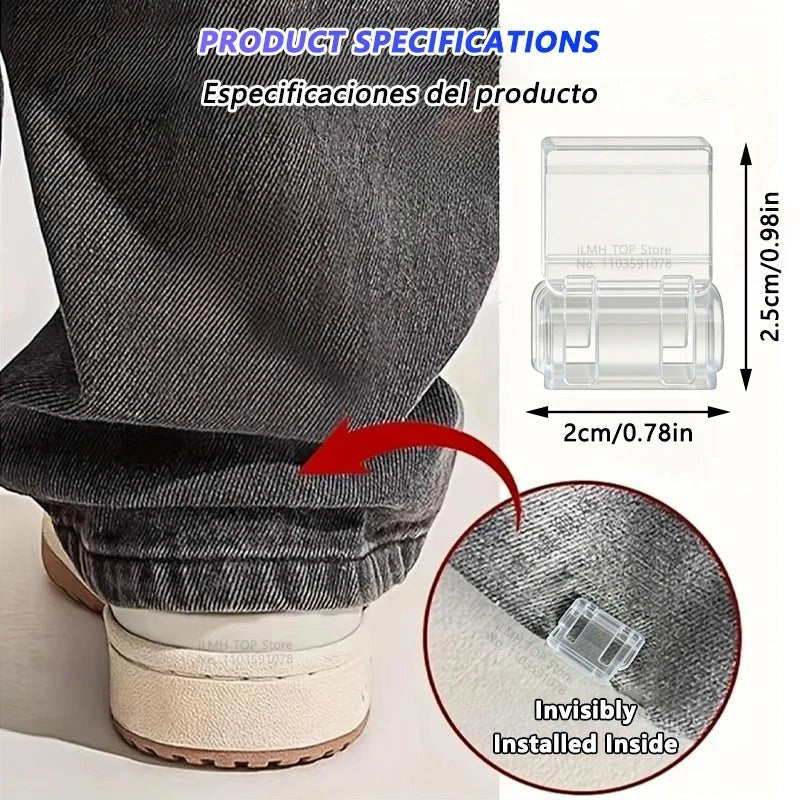 Pack de clips para dobladillo de pantalones Variedad Online, transparentes y discretos para ajustar la longitud sin costuras.
