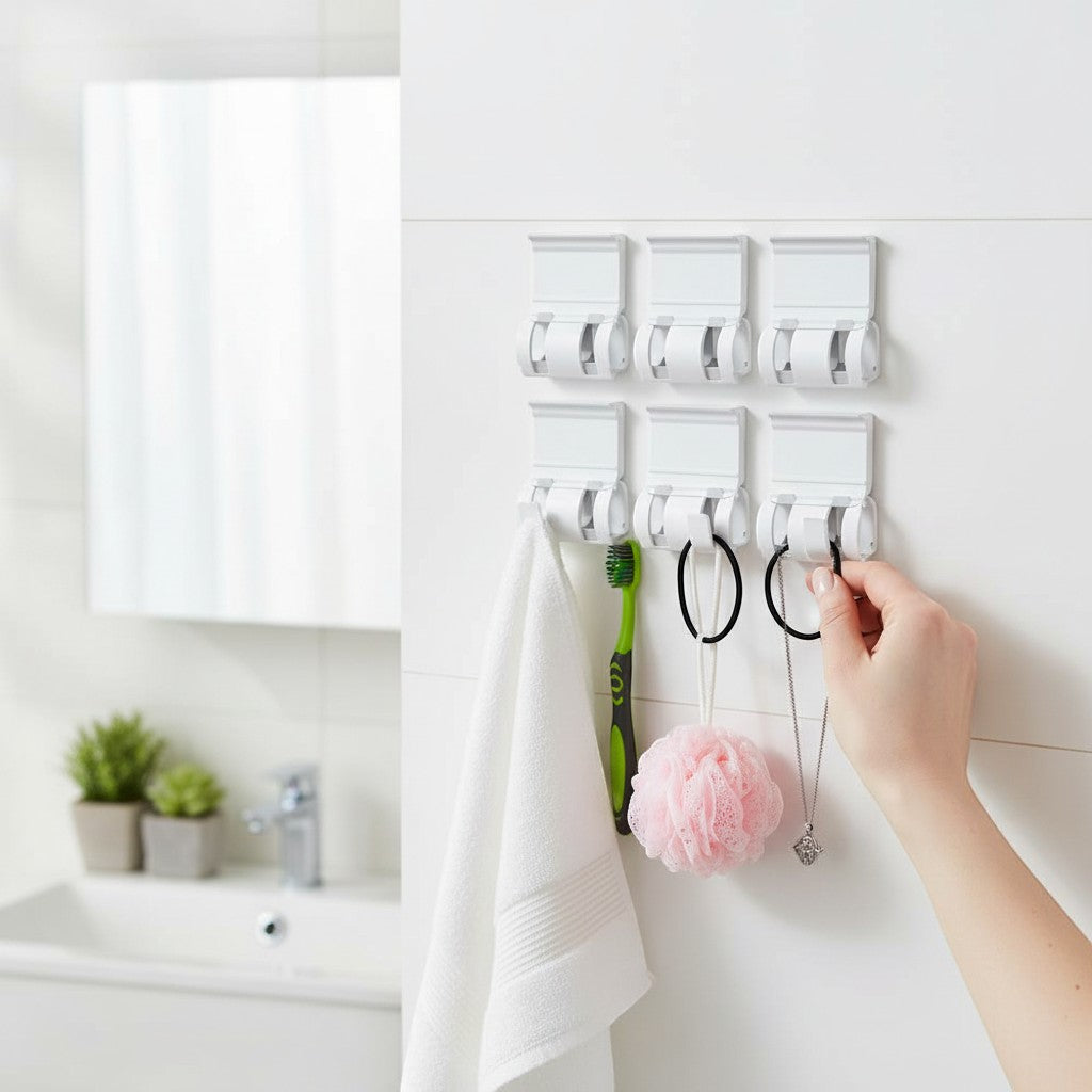 Pack de 6 clips blancos de plástico para dobladillo de pantalones de Variedad Online. Se usan para colgar accesorios de baño como toallas, cepillos de dientes y joyas.