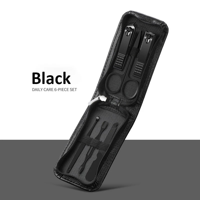 Estuche de manicura profesional de seis piezas de acero inoxidable en negro de Variedad Online. Incluye cortaúñas, tijeras, lima y herramientas para cutículas.