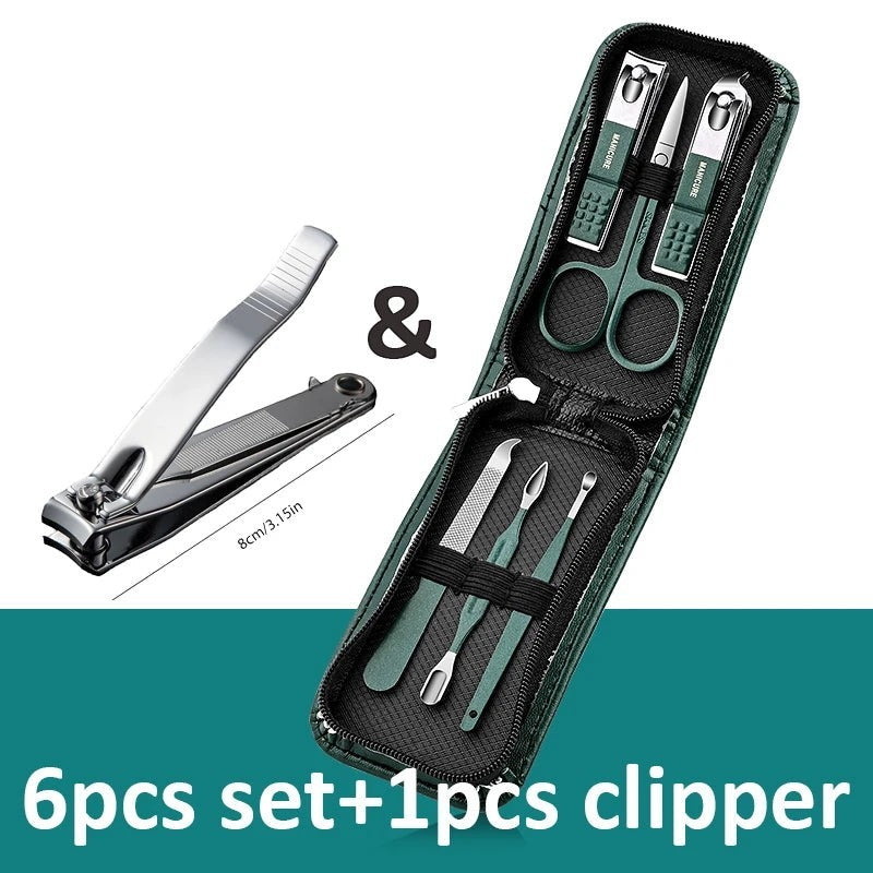 Estuche de manicura profesional Variedad Online de seis piezas en verde, incluye cortaúñas, tijeras y herramientas para cutículas de acero inoxidable.