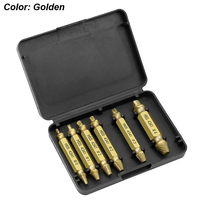 Variedad Online extractor de tornillos HSS 4341 dorados de doble extremo para eliminar tornillos dañados. Juego de 5 piezas.