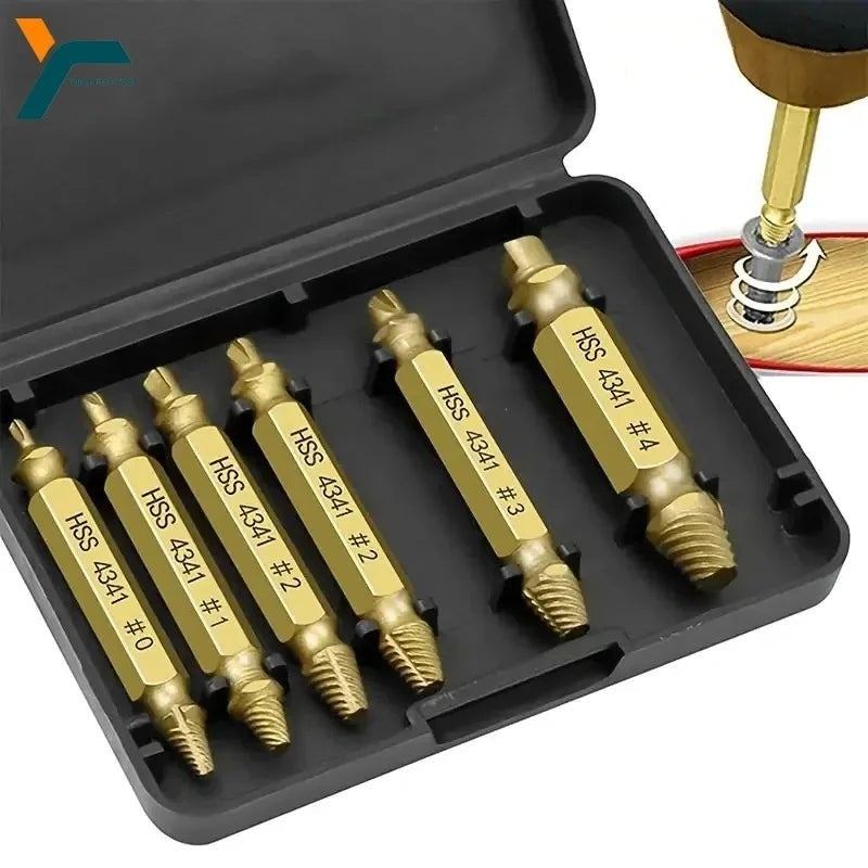 Variedad Online extractor de tornillos HSS 4341 de acero dorado, juego de 5 brocas para eliminar tornillos dañados.