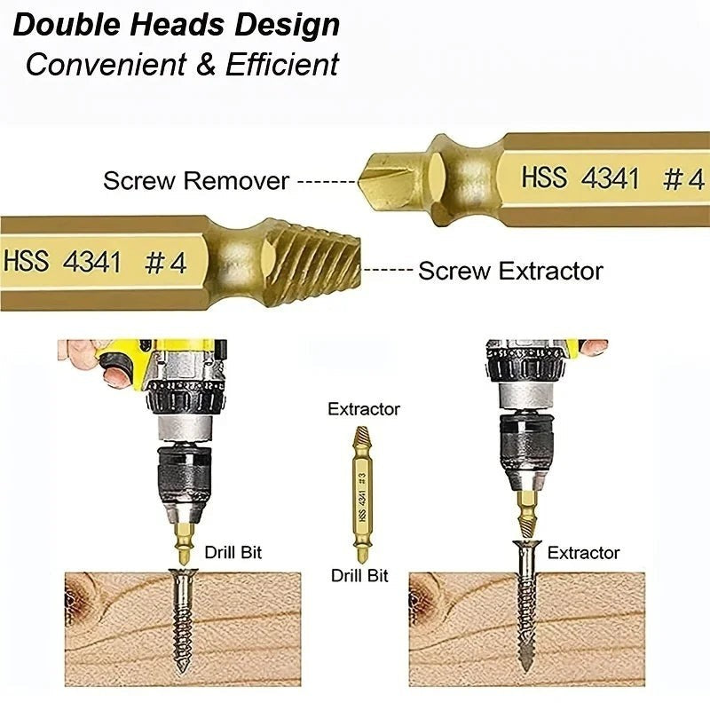 Variedad Online extractor de tornillos HSS 4341 de doble cabeza para eliminar tornillos dañados, ideal para madera y metal.