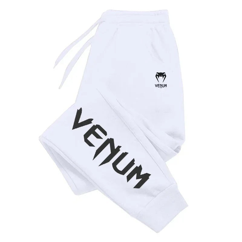 Pantalones de chándal de entrenamiento Venum blancos para hombre, con cordón, logo en el muslo y estampado lateral.