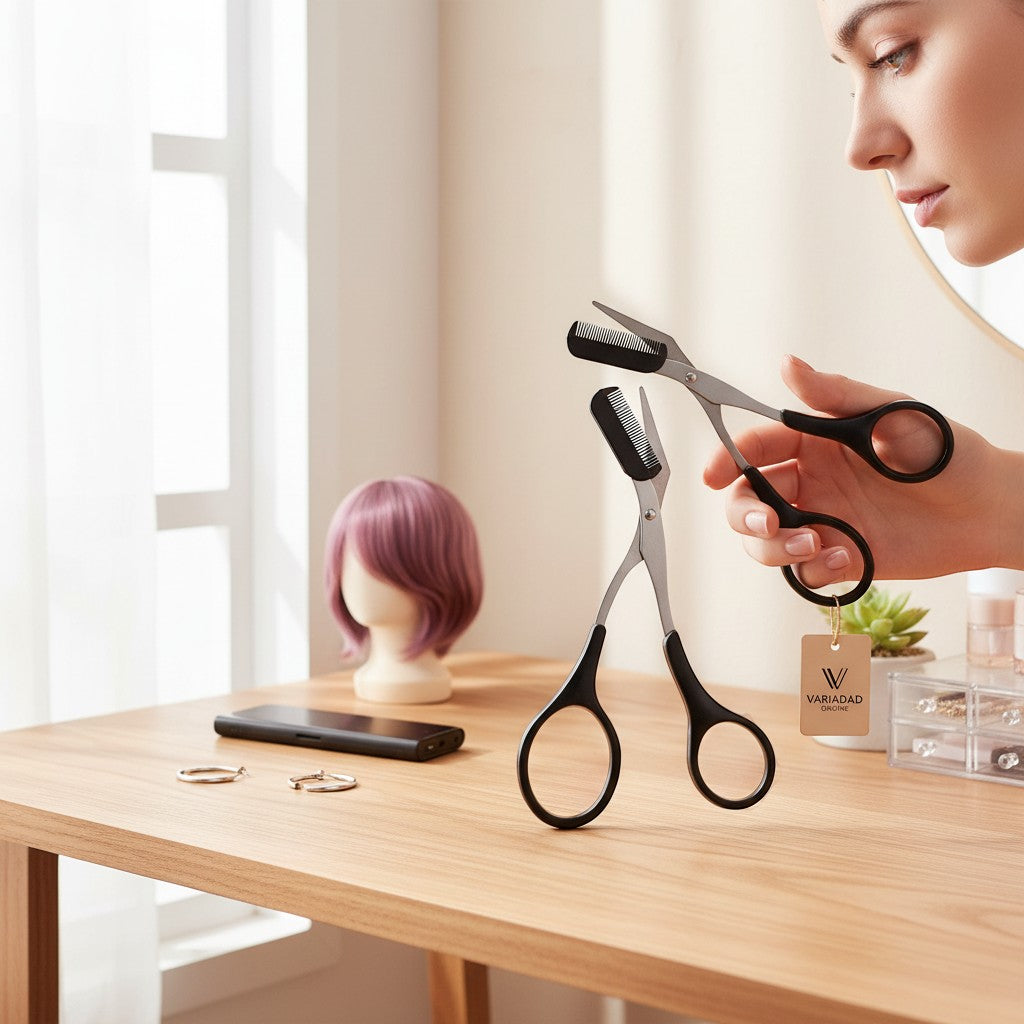Tijeras para cejas Variedad Online con peine integrado, de metal y plástico negro, para dar forma y recortar cejas.