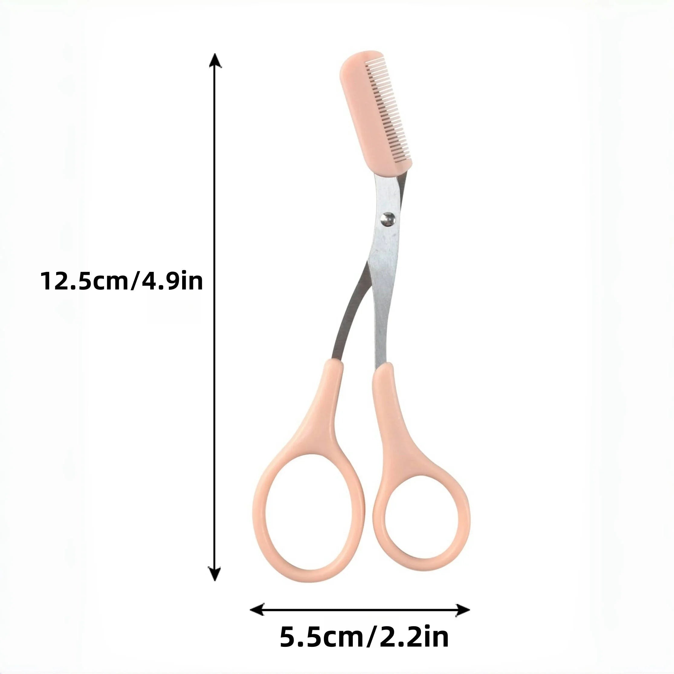 Tijeras para cejas Variedad Online de color rosa pálido con peine integrado para recortar y dar forma a las cejas con precisión.