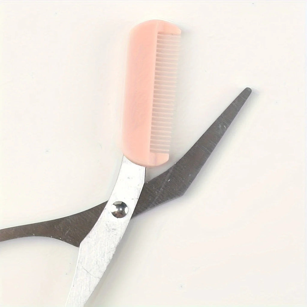 Tijeras para cejas de acero inoxidable con peine integrado de plástico rosa de Variedad Online.